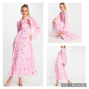 ASOS DESIGN tie back pleated sleeve midi dress in pink with red embroidery